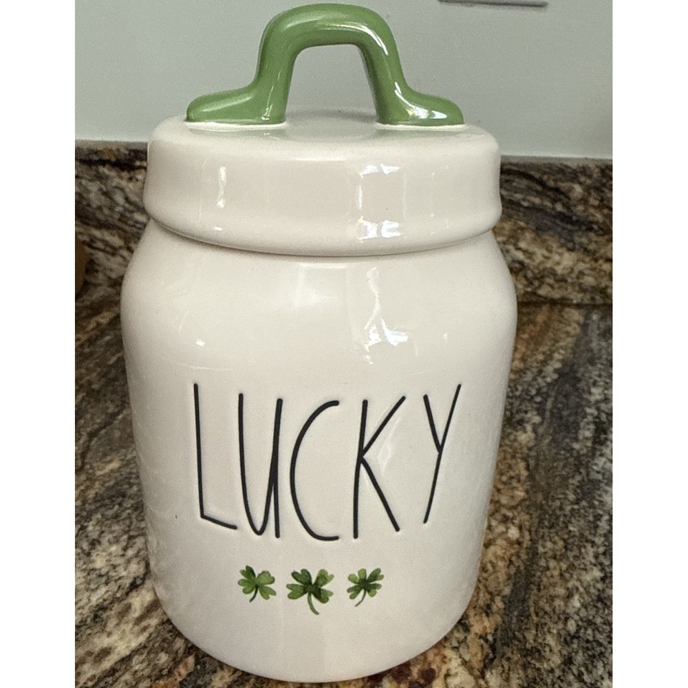 New RAE DUNN St. Patricks Day LL "LUCKY" with Clovers & Green Handle 7" Canister